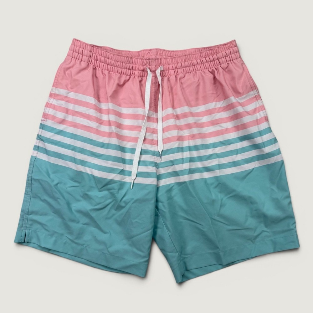 Chubbies Mens Large Swim Trunks Pink Teal Striped 7 Inch Inseam Shorts